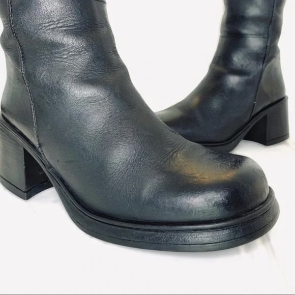 VINTAGE KNEE HIGH BLACK THICK LEATHER CHUNKY PLATFORM HEELS BOOTS SIDE ZIPPER - Picture 8 of 14